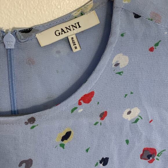 Ganni Dainty Georgette Blue Floral Shift Dress Size 36 - Picture 2 of 6